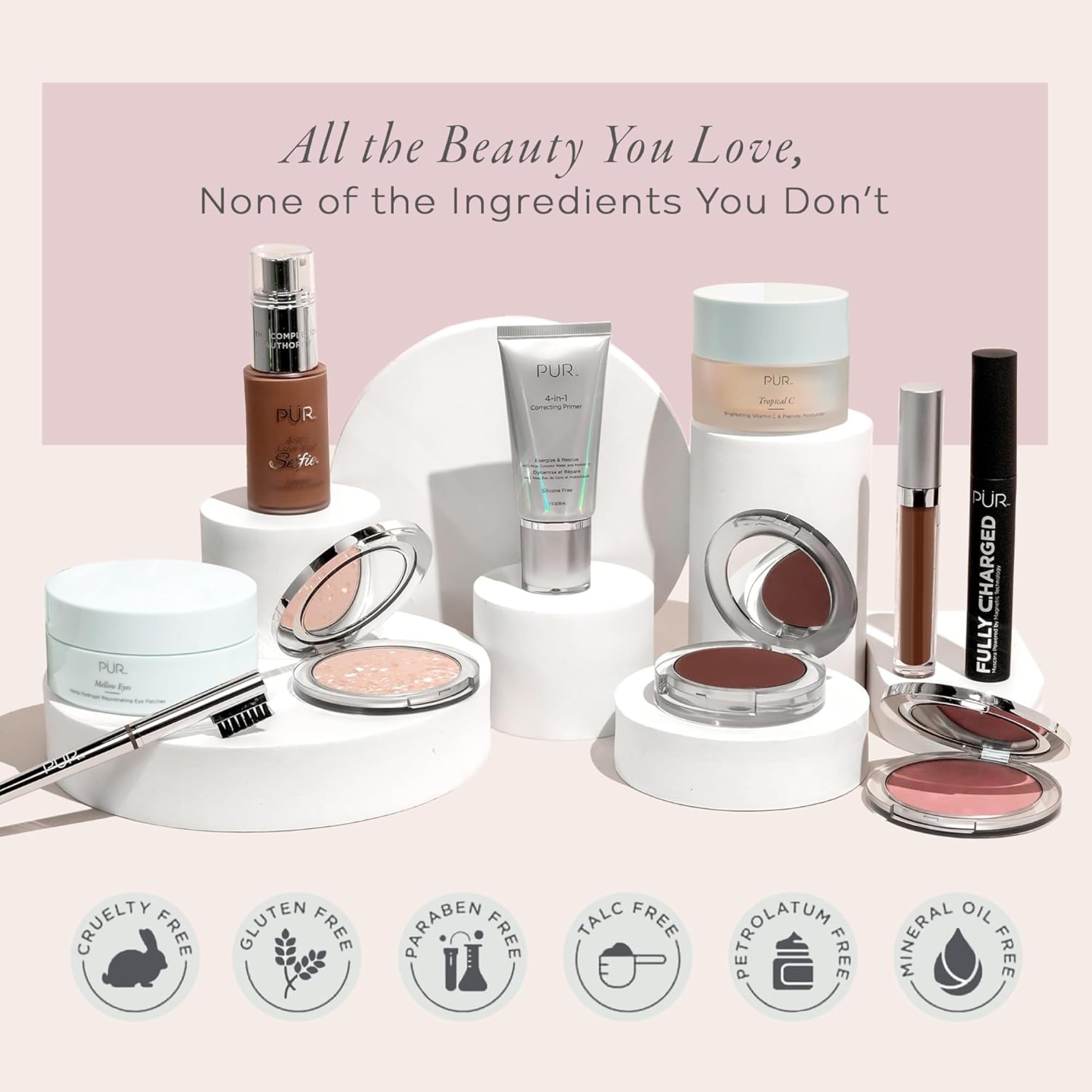 PÜR MINERALS compact in a handbag lifestyle shot highlighting travel-friendly protection benefit