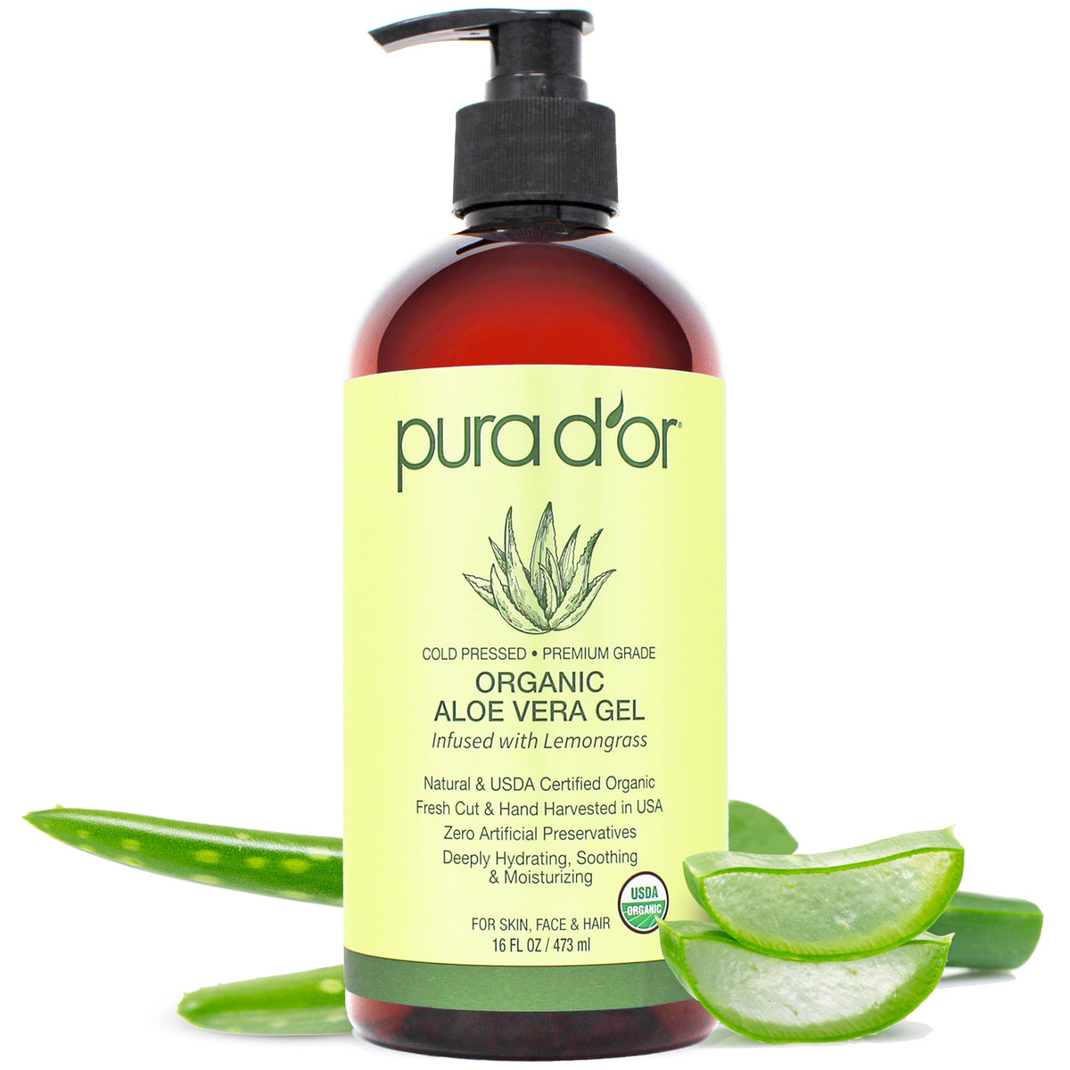 PURA D'OR front jar showing 16oz packaging and lemongrass scent benefit