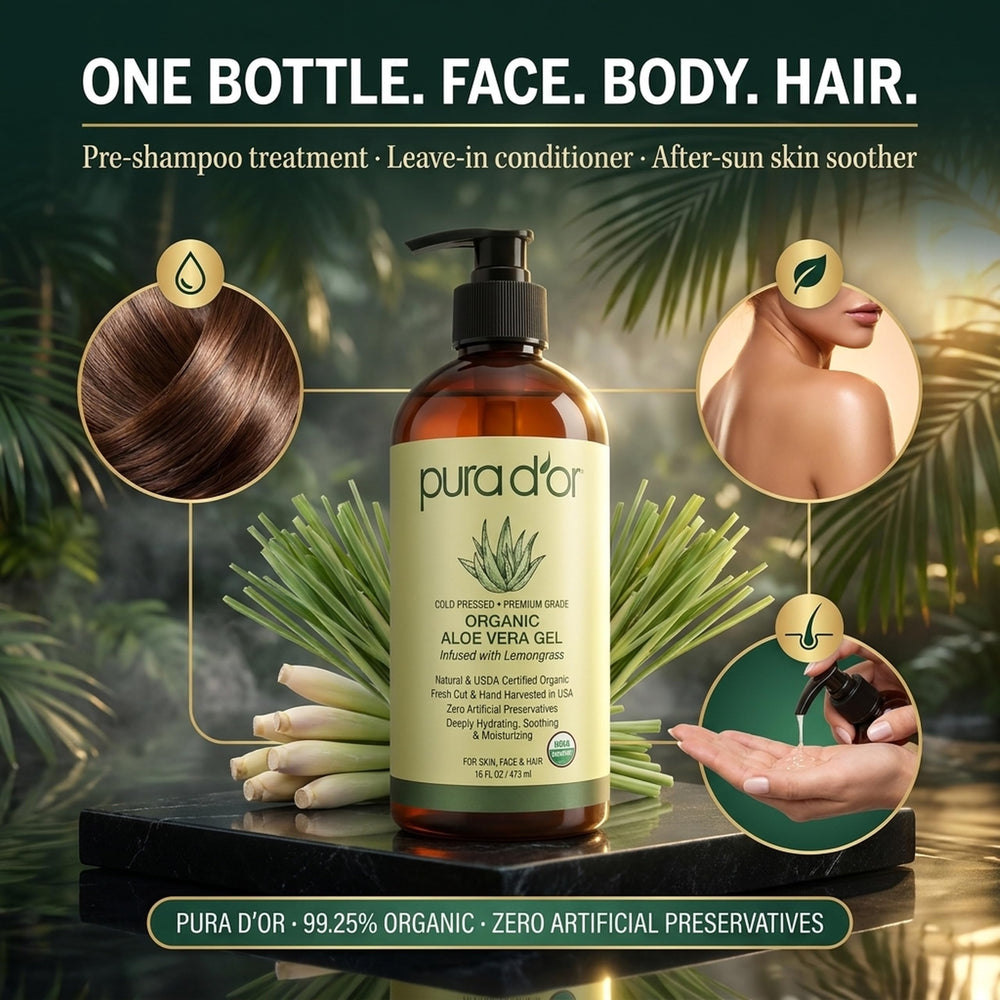 PURA D'OR ingredient label closeup highlighting cold-pressed aloe benefits
