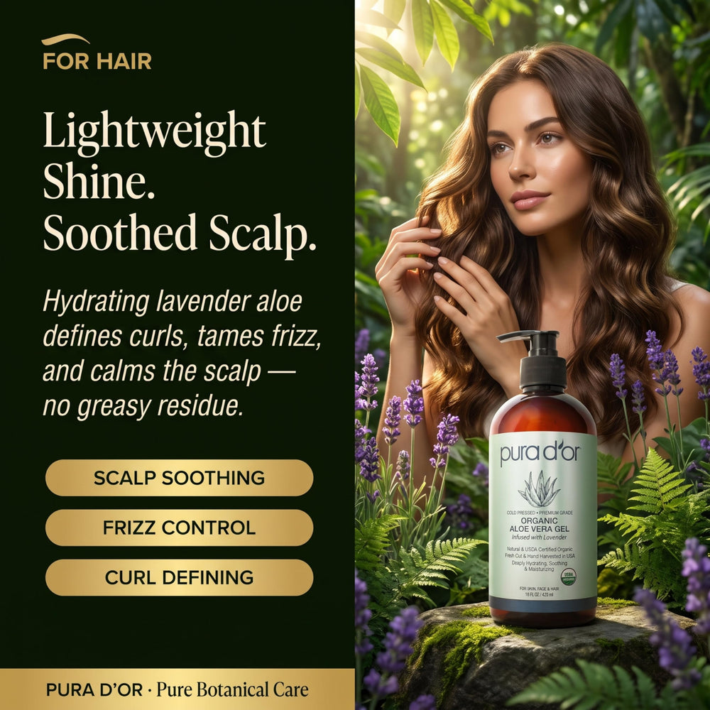 PURA D'OR gel applied to hair, showing added softness and hydrated shine