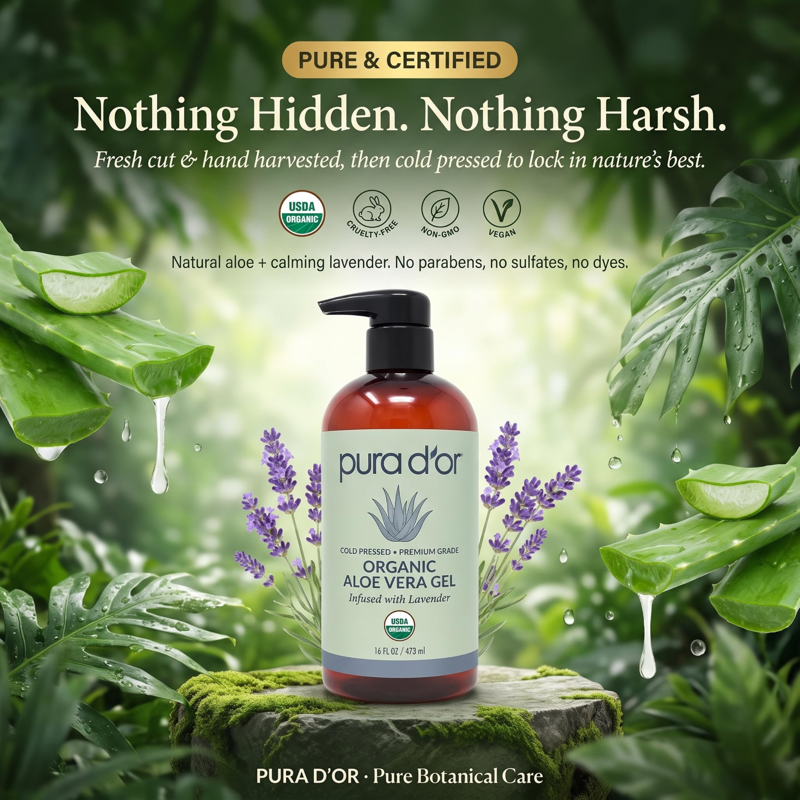 PURA D'OR label close-up showing USDA Organic seal and lavender scent for trust