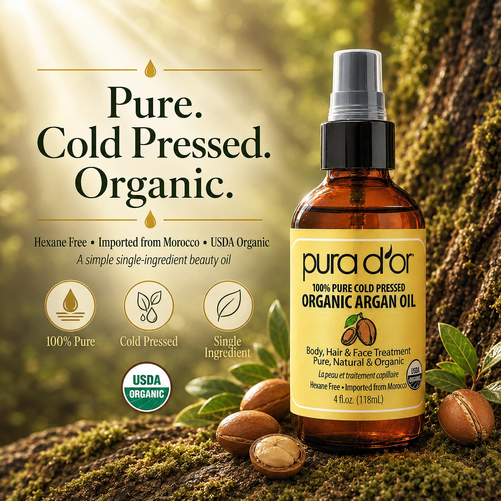 PURA D'OR bottle beside argan kernels showing pure ingredient sourcing benefit