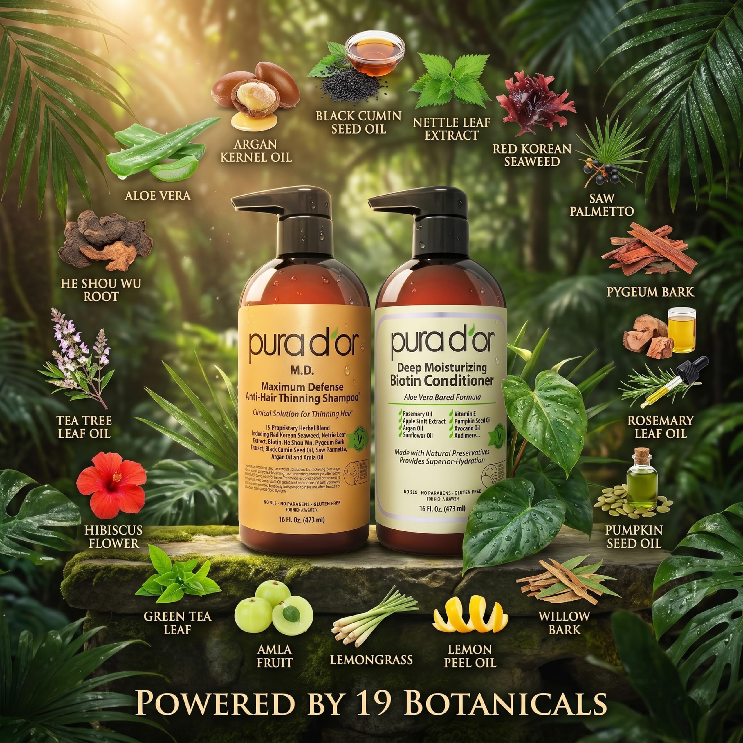 PURA D'OR back label close-up showing ingredient list and usage benefit