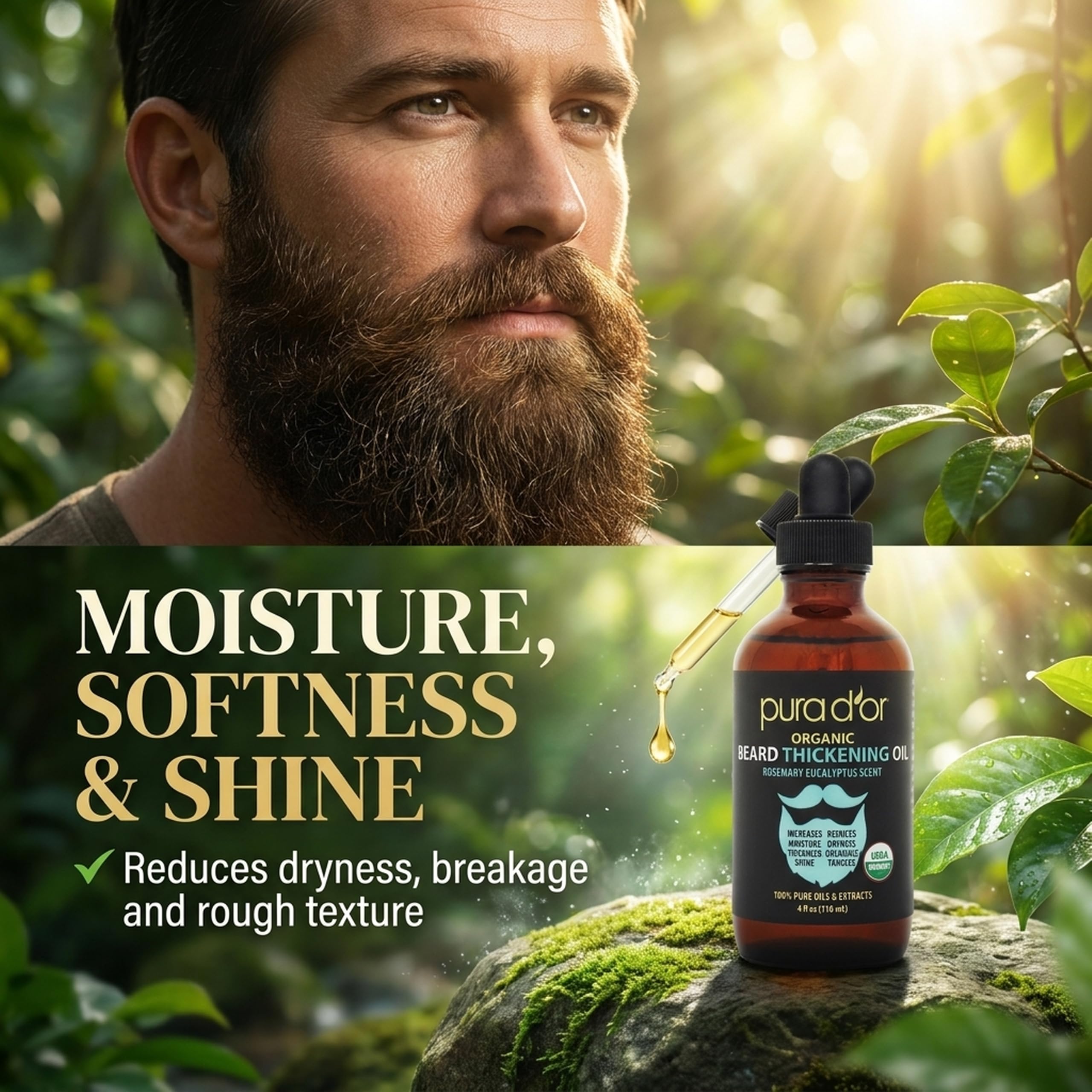 PURA D'OR being applied to beard illustrating softer, manageable results