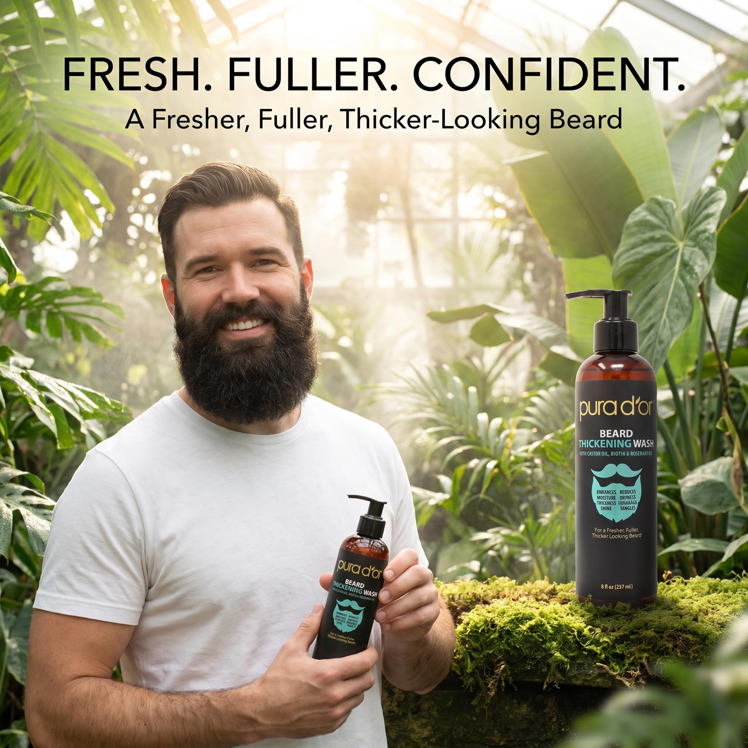 PURA D'OR in-shower use on beard demonstrating effective cleanse benefit