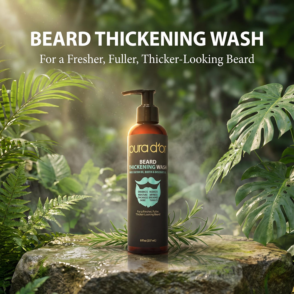 PURA D'OR pump dispensing beard wash texture for gentle cleansing benefit
