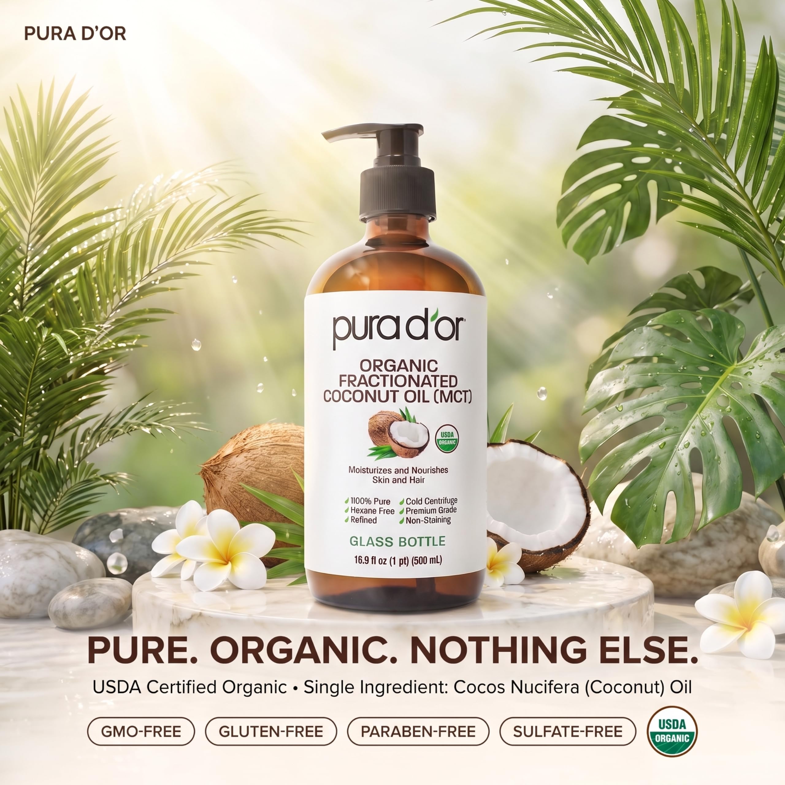 PURA D'OR bottle on bathroom shelf in lifestyle scene promoting daily self-care ritual