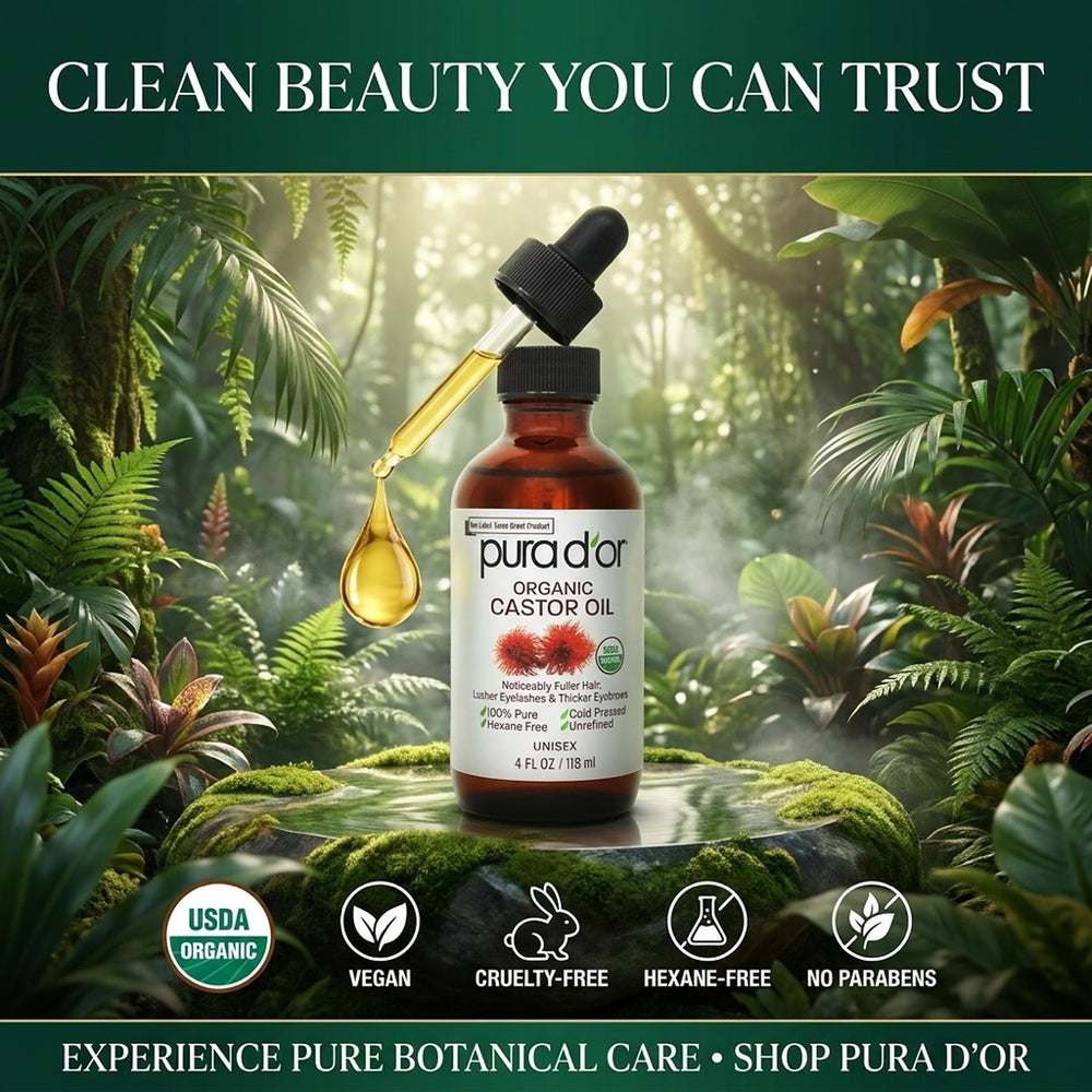 PURA D'OR bottle next to common object showing size and travel convenience