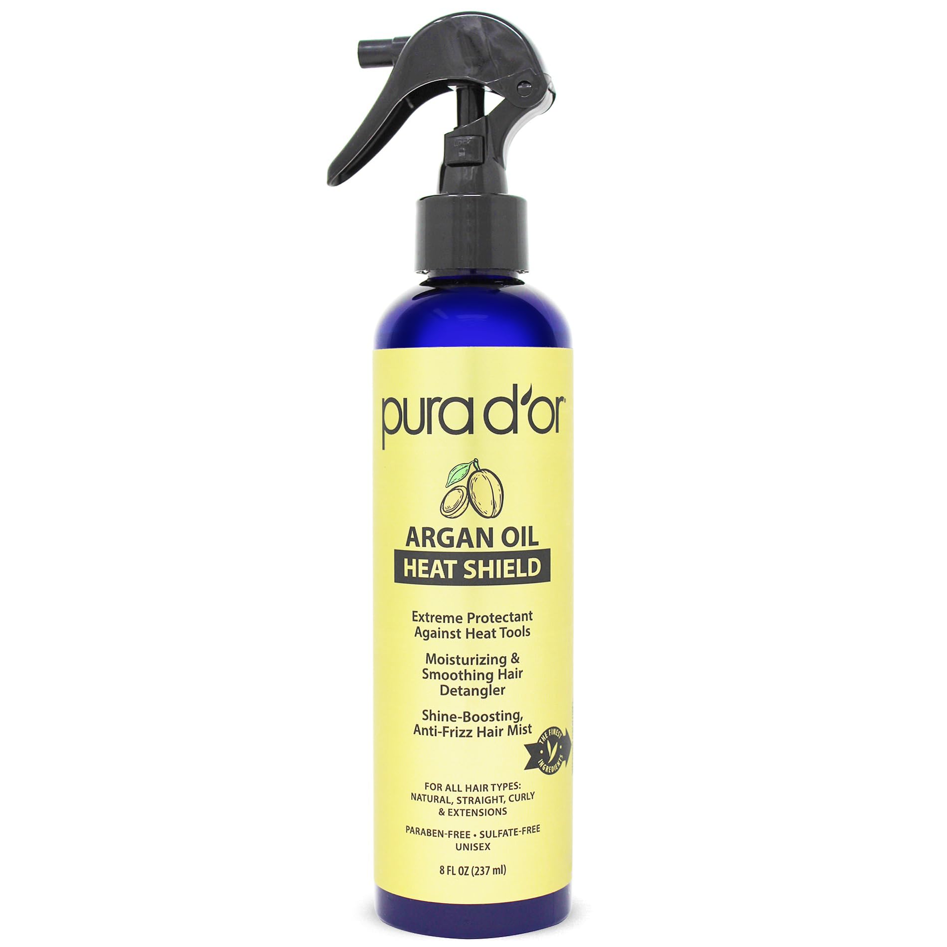 PURA D'OR front bottle view showing label and easy spray application benefits