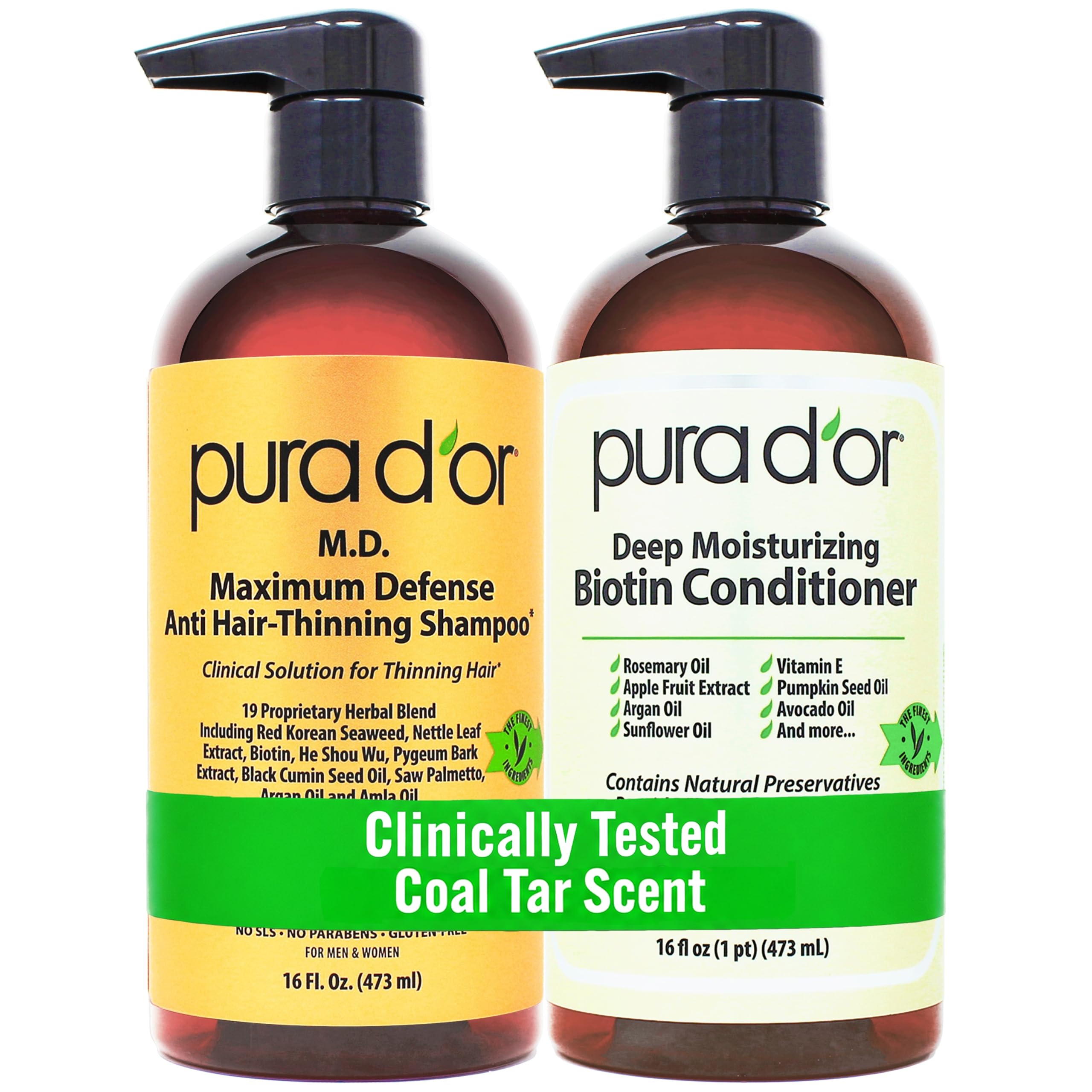 PURA D'OR front packaging of the biotin shampoo and conditioner set showing benefits