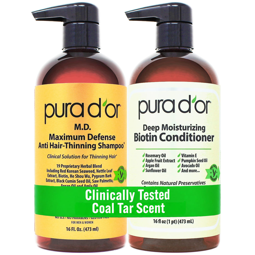 PURA D'OR front packaging of the biotin shampoo and conditioner set showing benefits