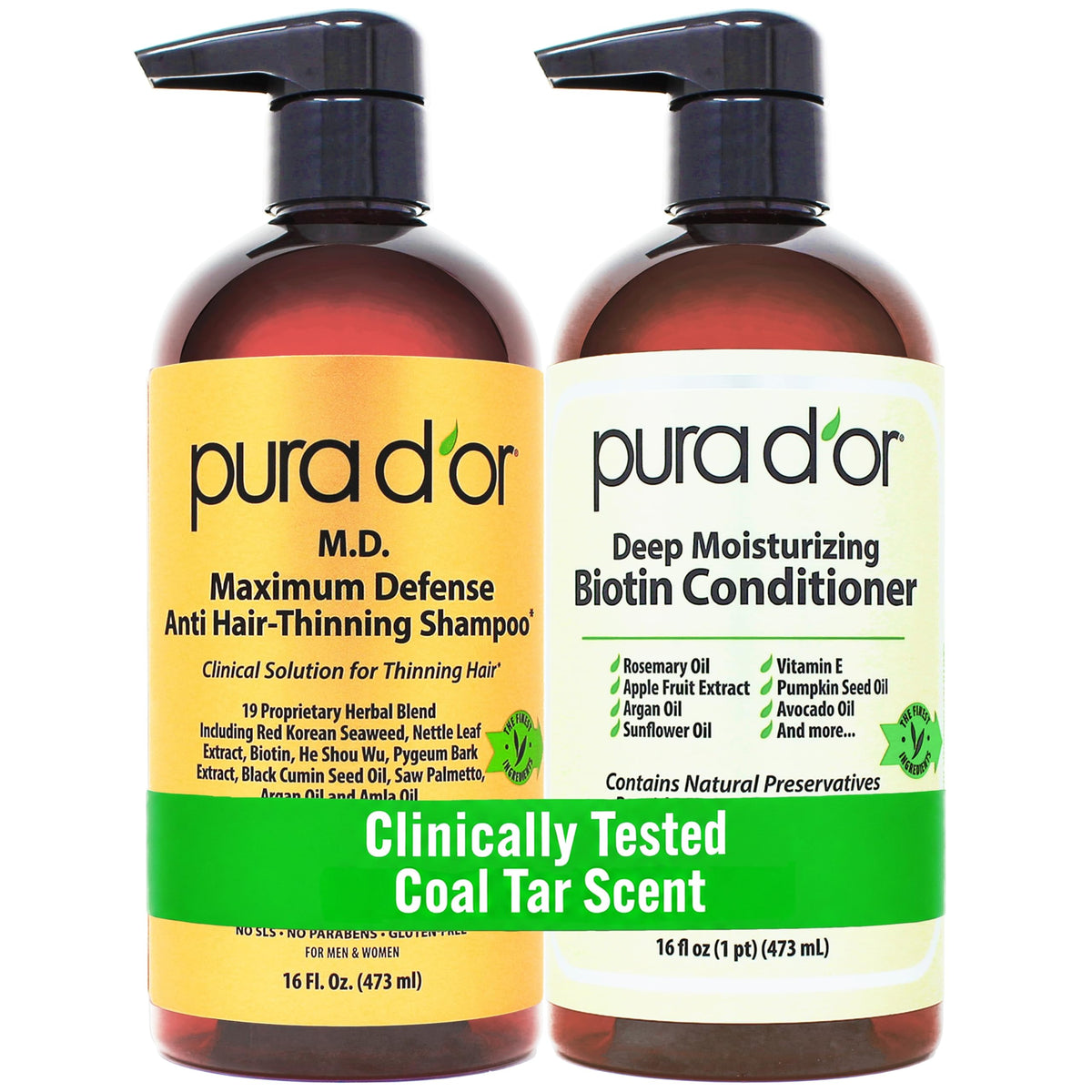 PURA D'OR front packaging of the biotin shampoo and conditioner set showing benefits