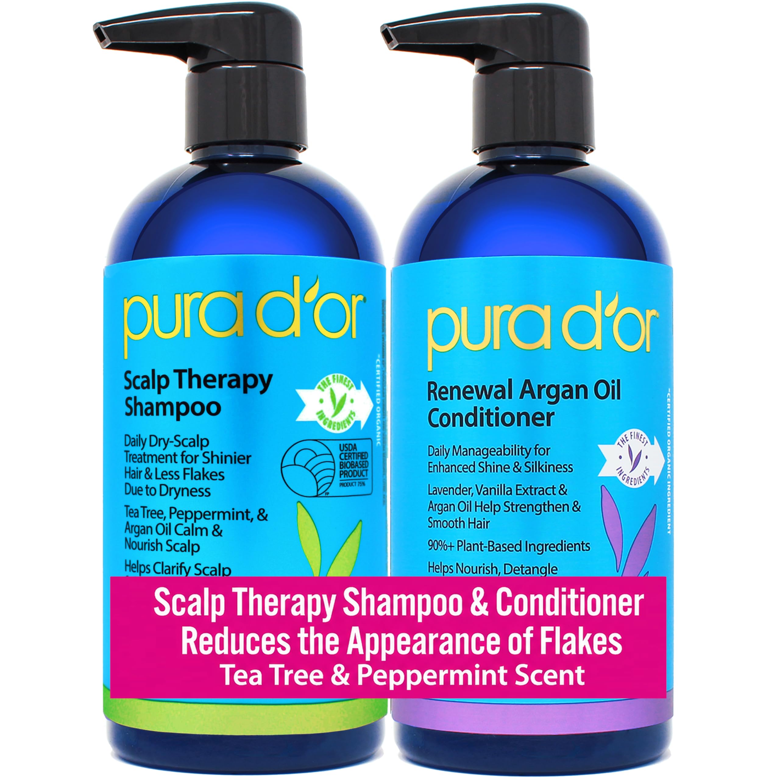 PURA D'OR front packaging showing both 16oz bottles and clear product branding, communicates reliability