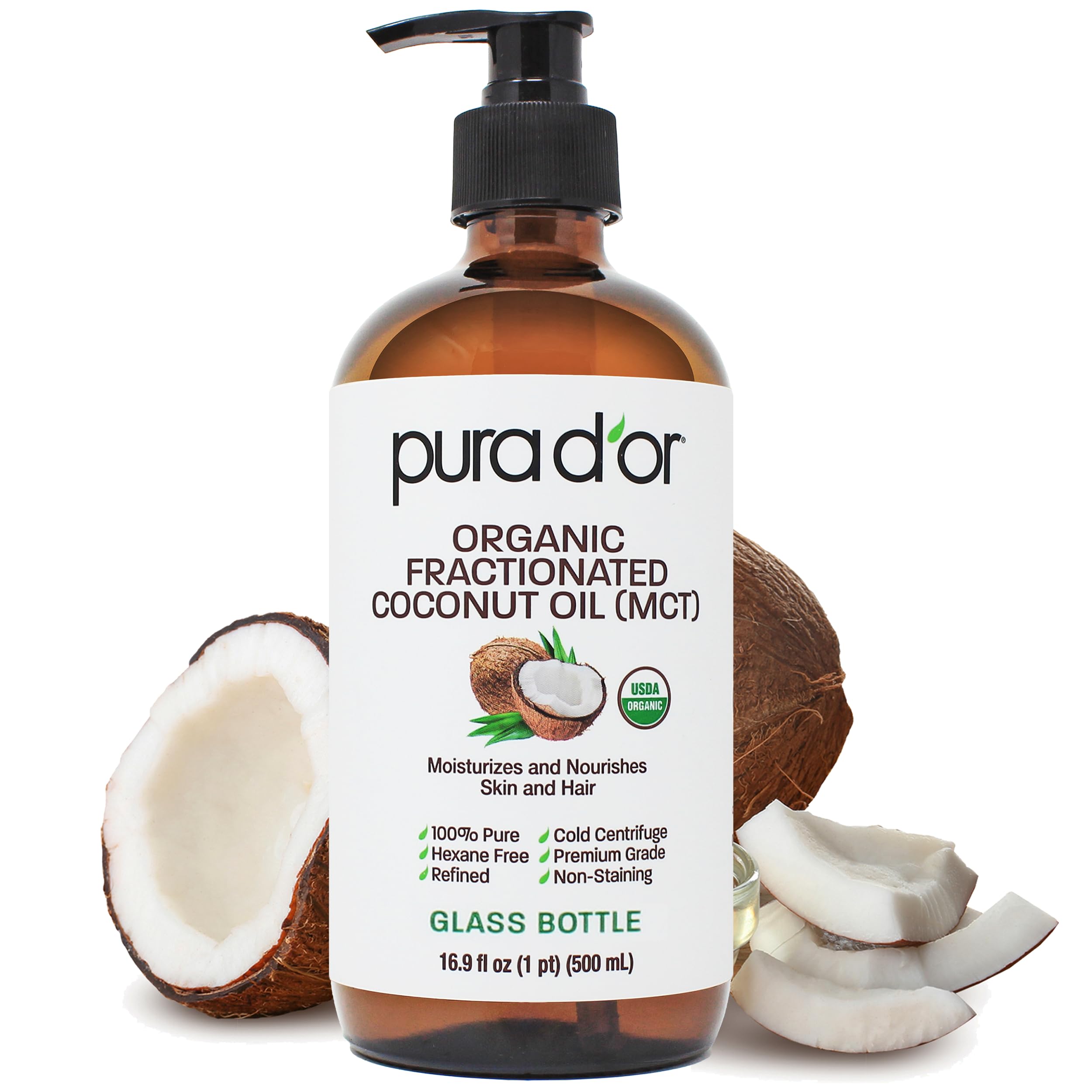 PURA D'OR glass bottle front view showing label and eco-friendly packaging benefit