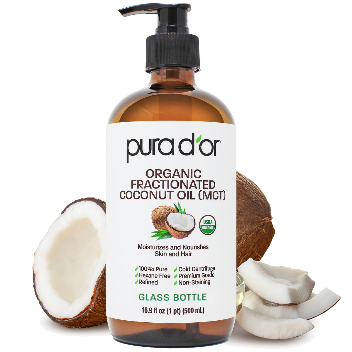 PURA D'OR glass bottle front view showing label and eco-friendly packaging benefit