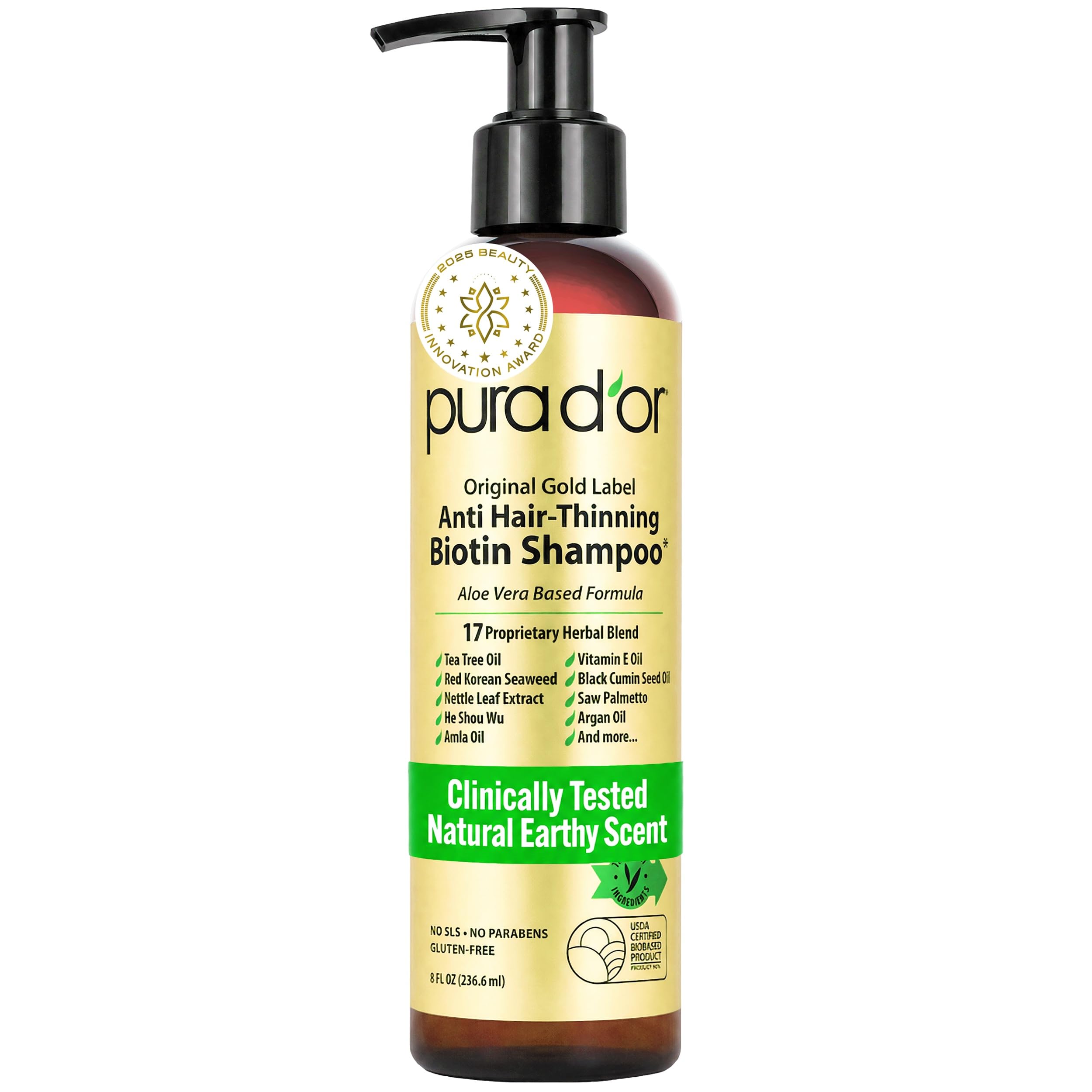 PURA D'OR front bottle view showing gold label and product identity for confident purchase
