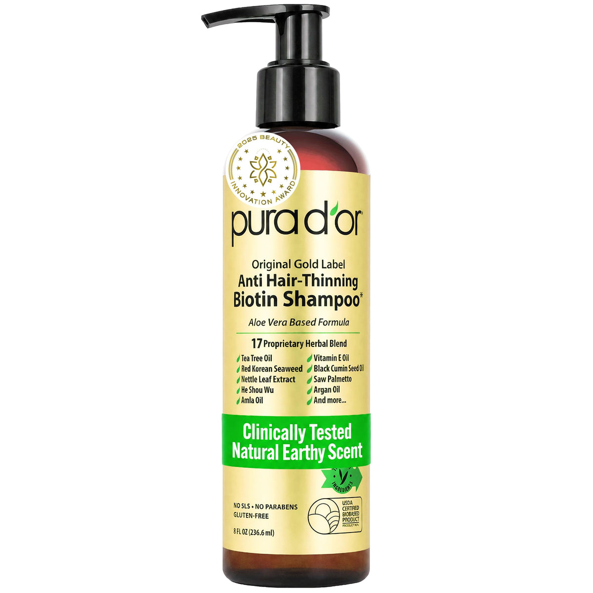 PURA D'OR front bottle view showing gold label and product identity for confident purchase