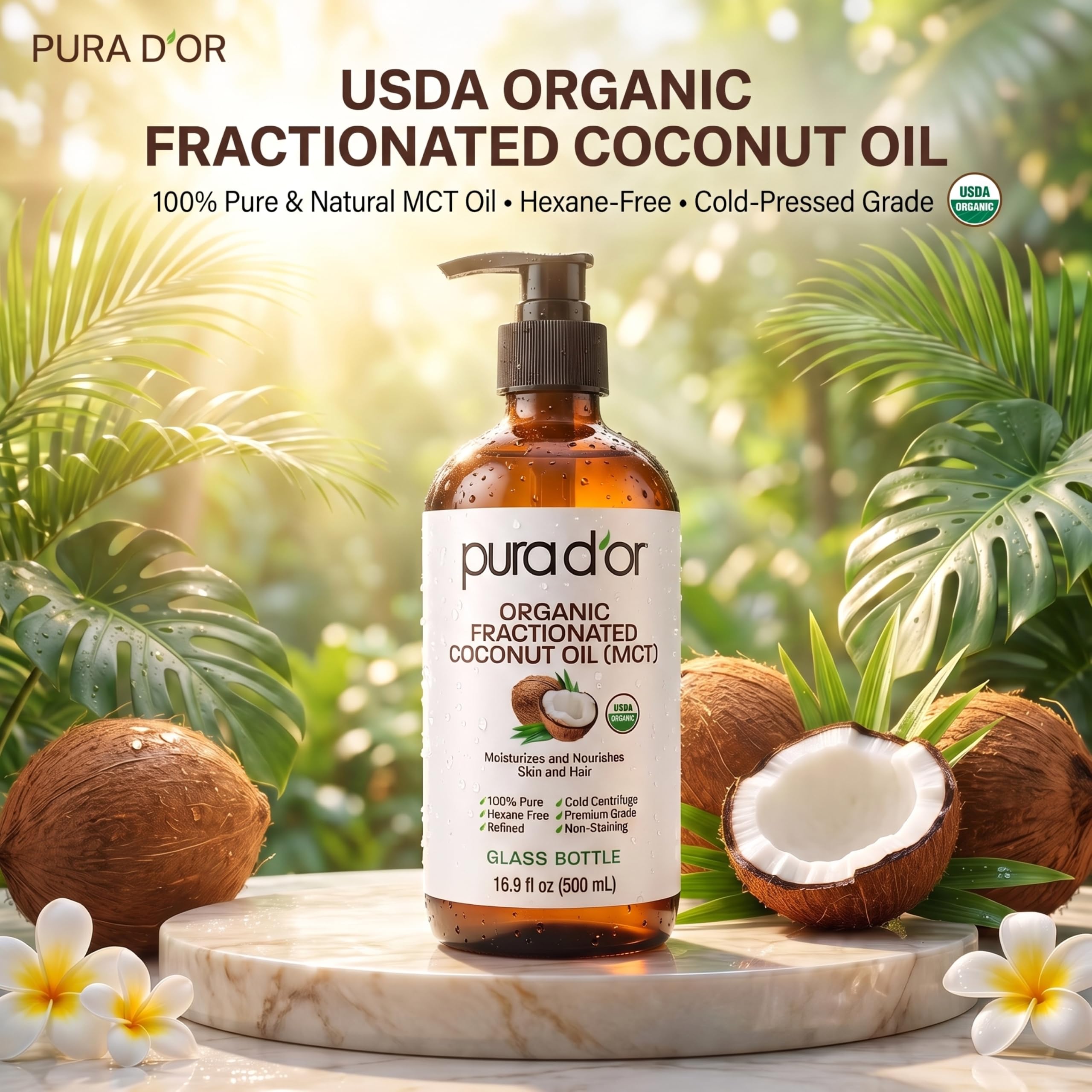 PURA D'OR oil pouring close-up highlighting silky MCT texture for easy blending