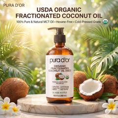 PURA D'OR oil pouring close-up highlighting silky MCT texture for easy blending