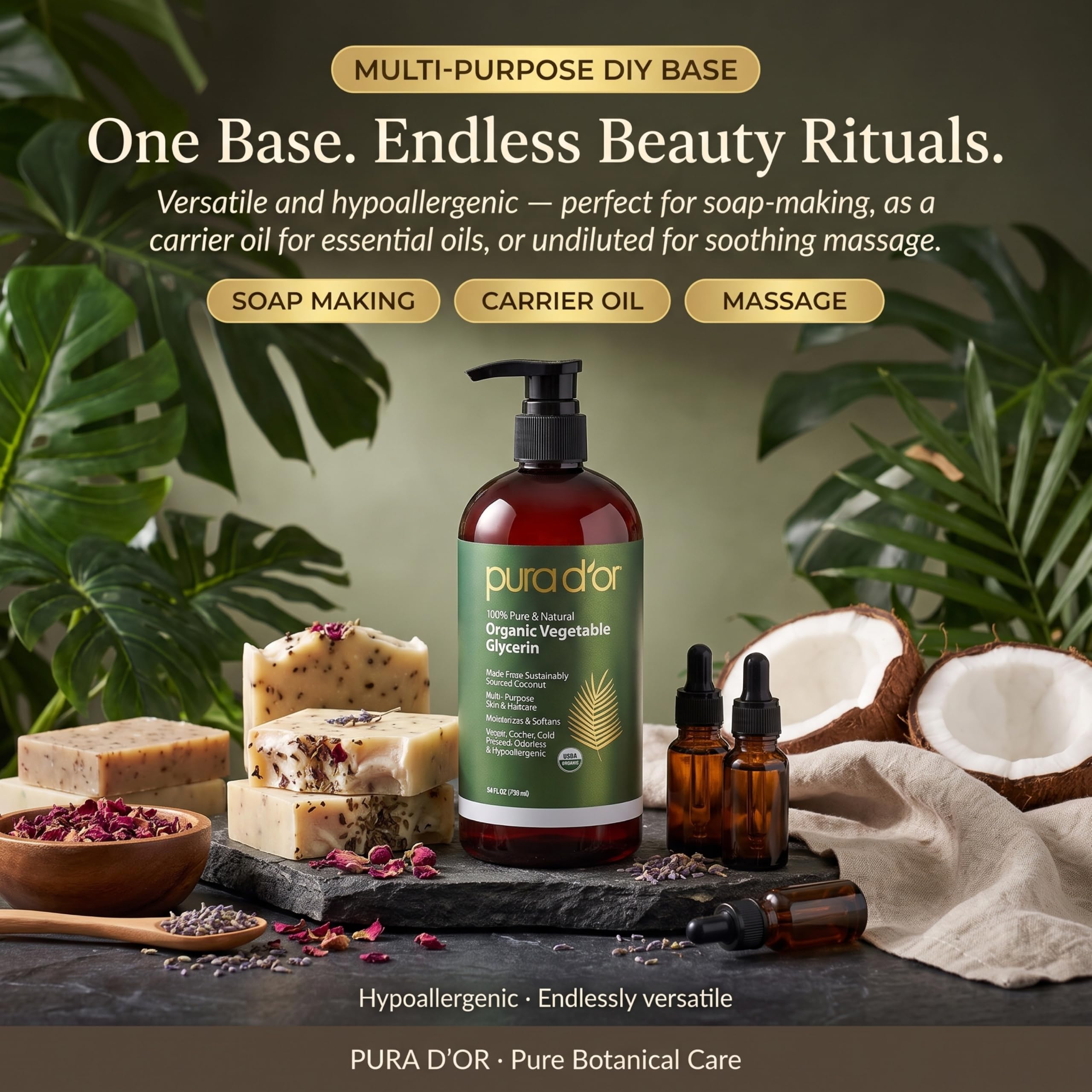 PURA D'OR glycerin with essential oils and bowls for DIY beauty blending benefit