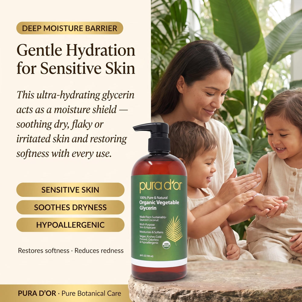 PURA D'OR label close-up showing USDA Organic and ingredient clarity benefit