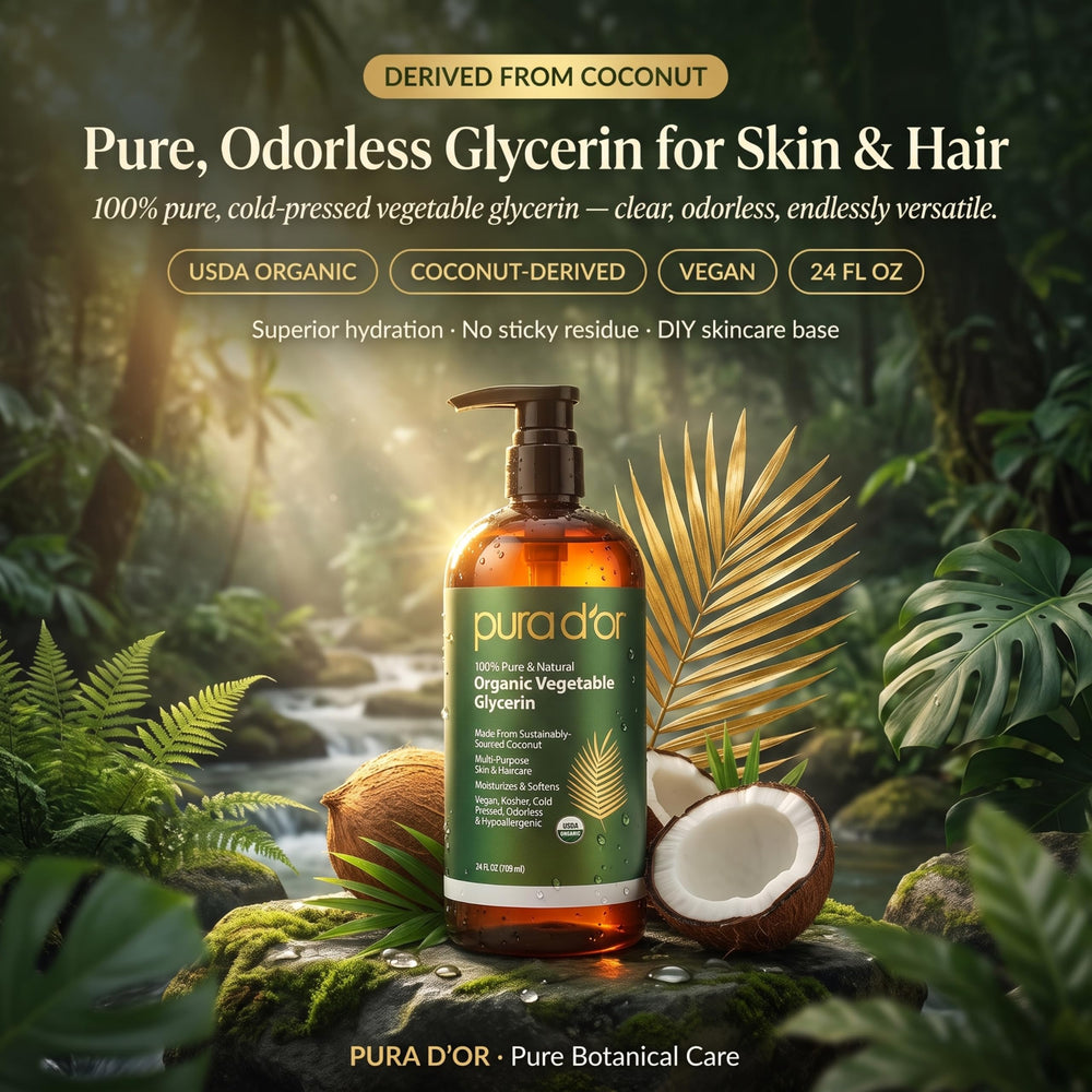 PURA D'OR glycerin pouring from bottle for easy measuring and mixing benefit