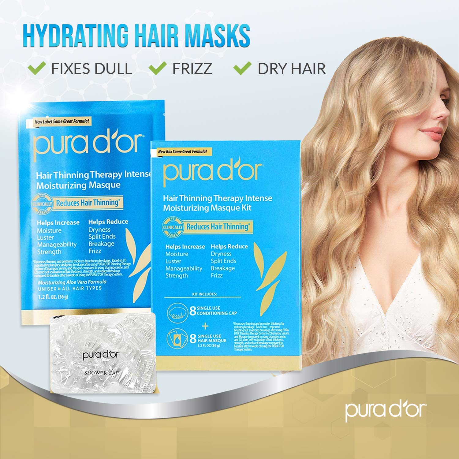 PURA D'OR 1.2oz sachet held in hand showing single-use convenience