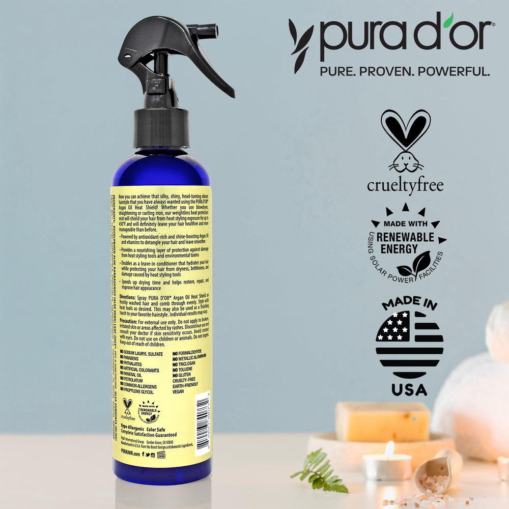 PURA D'OR bottle next to hand showing 8oz size for travel-friendly convenience