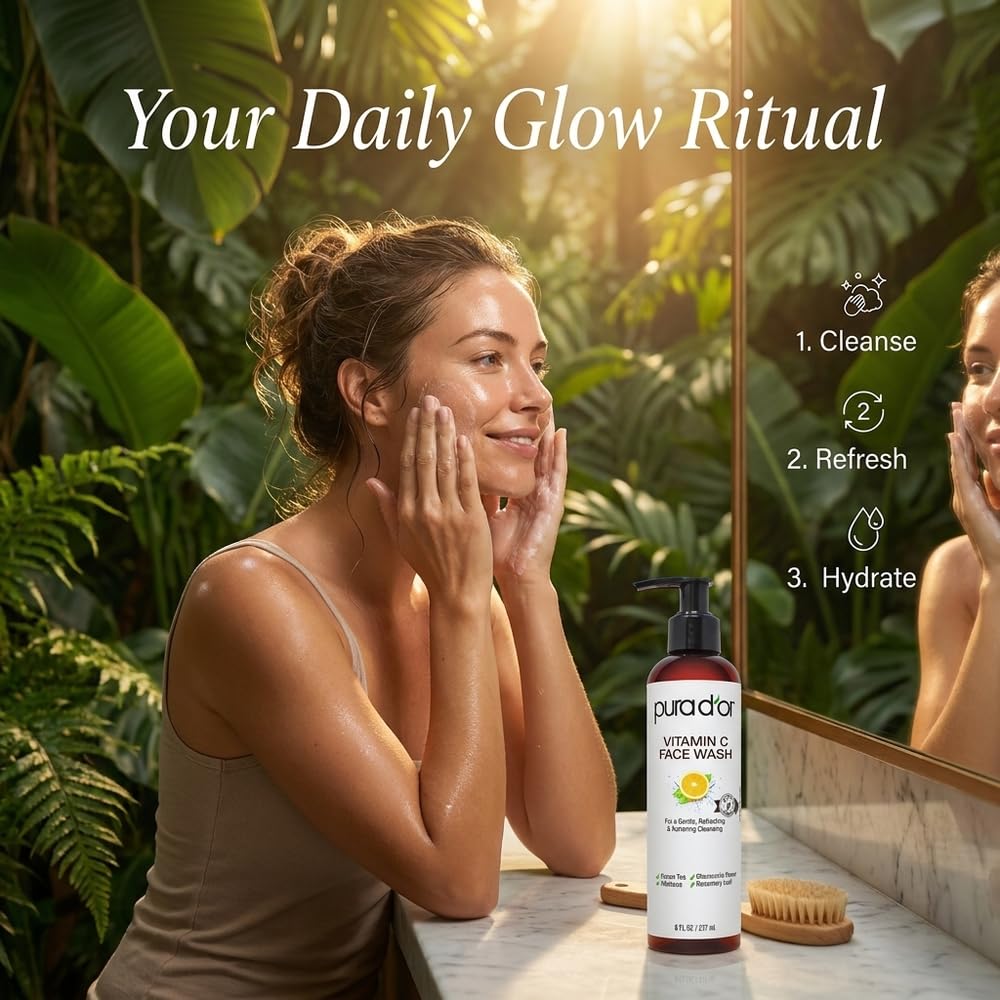 PURA D'OR bottle on bathroom counter in routine setting, promotes ritual
