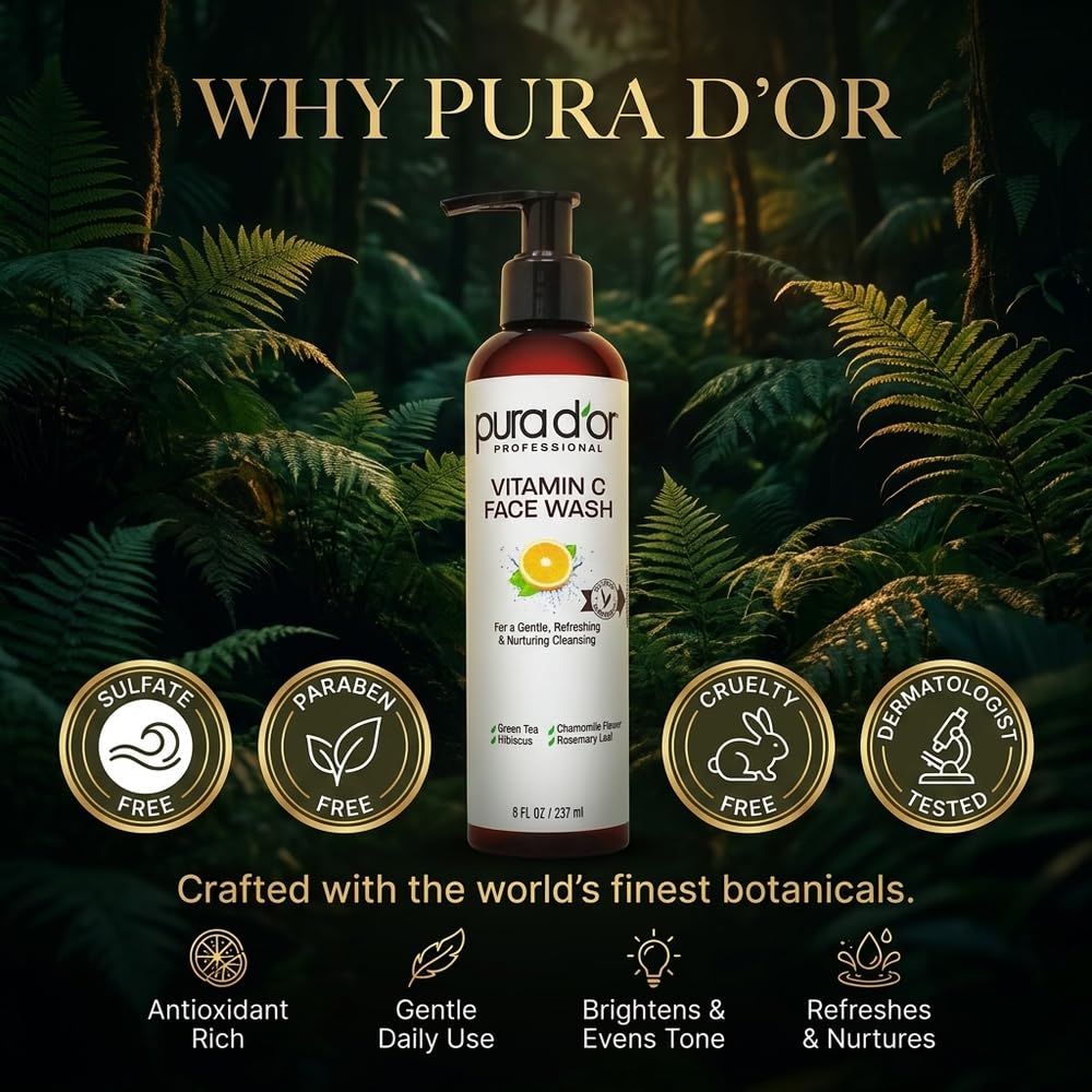 PURA D'OR bottle beside a hand to show 8 oz scale and convenience