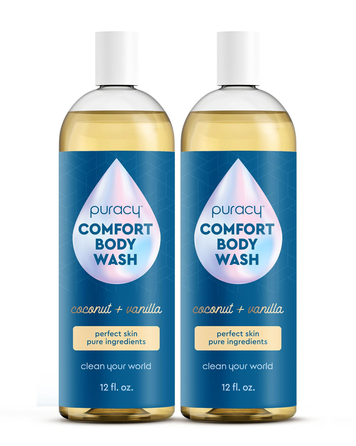 Puracy front packaging showing bottle and coconut vanilla scent benefit