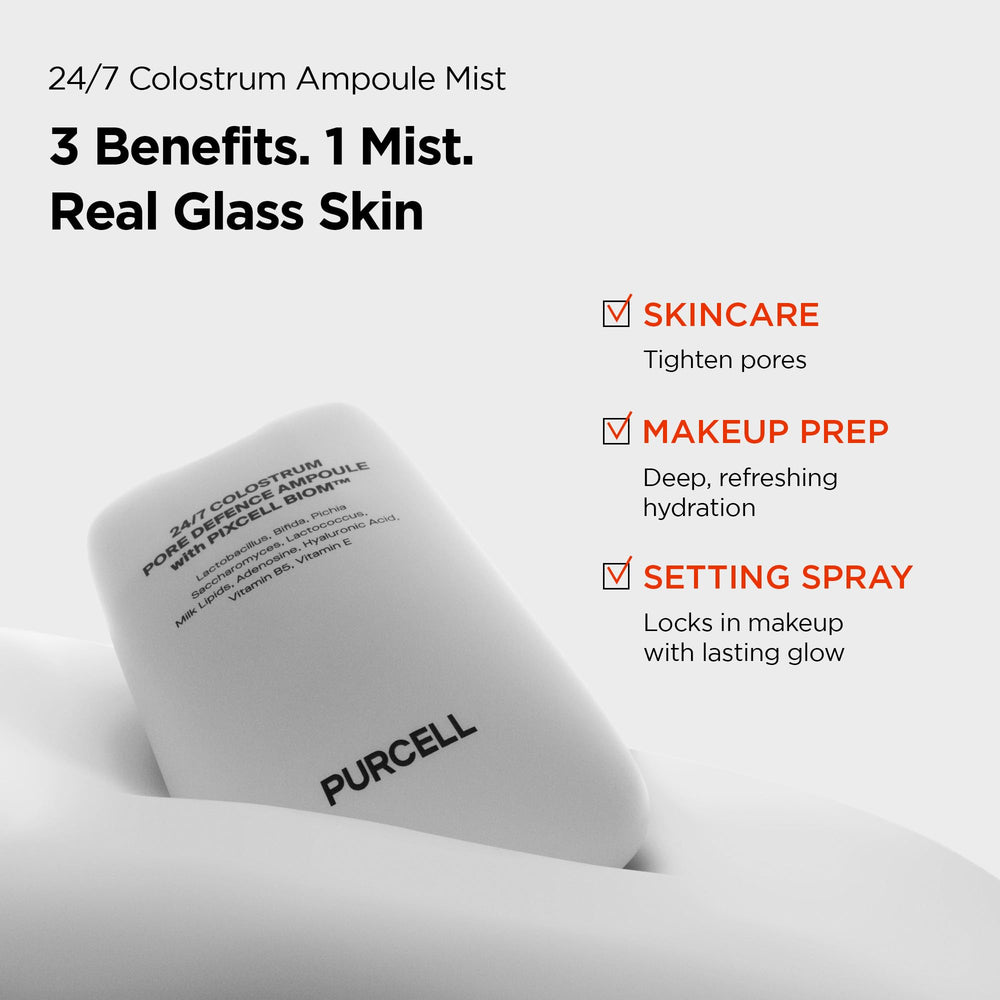 PURCELL mist spraying from bottle into hand, delivers even hydration