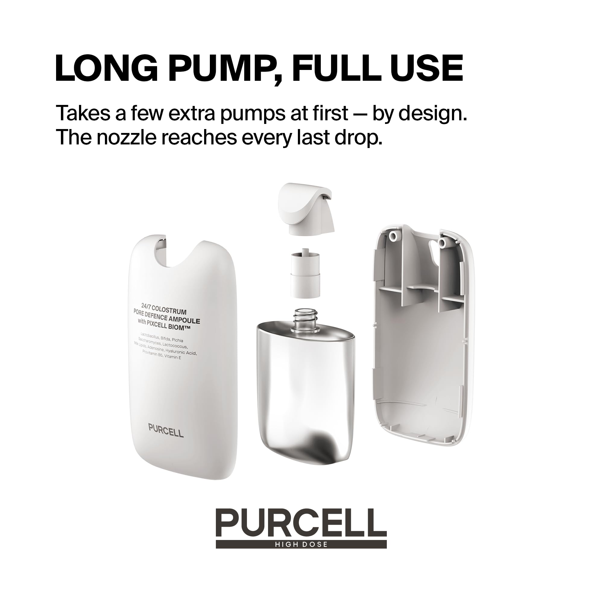 PURCELL ingredient label close-up, highlights colostrum and hyaluronic benefits