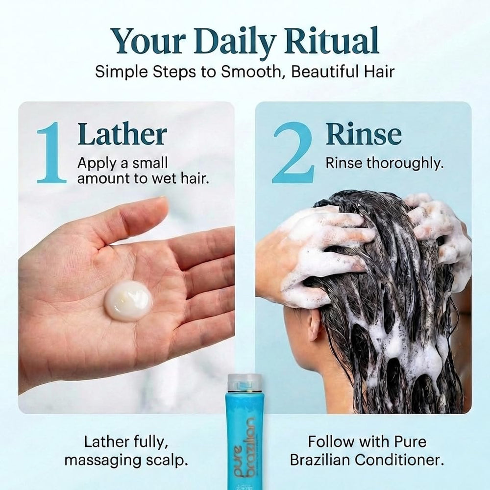 Pure Brazilian bottle on bathroom shelf in lifestyle shot for salon-quality at home