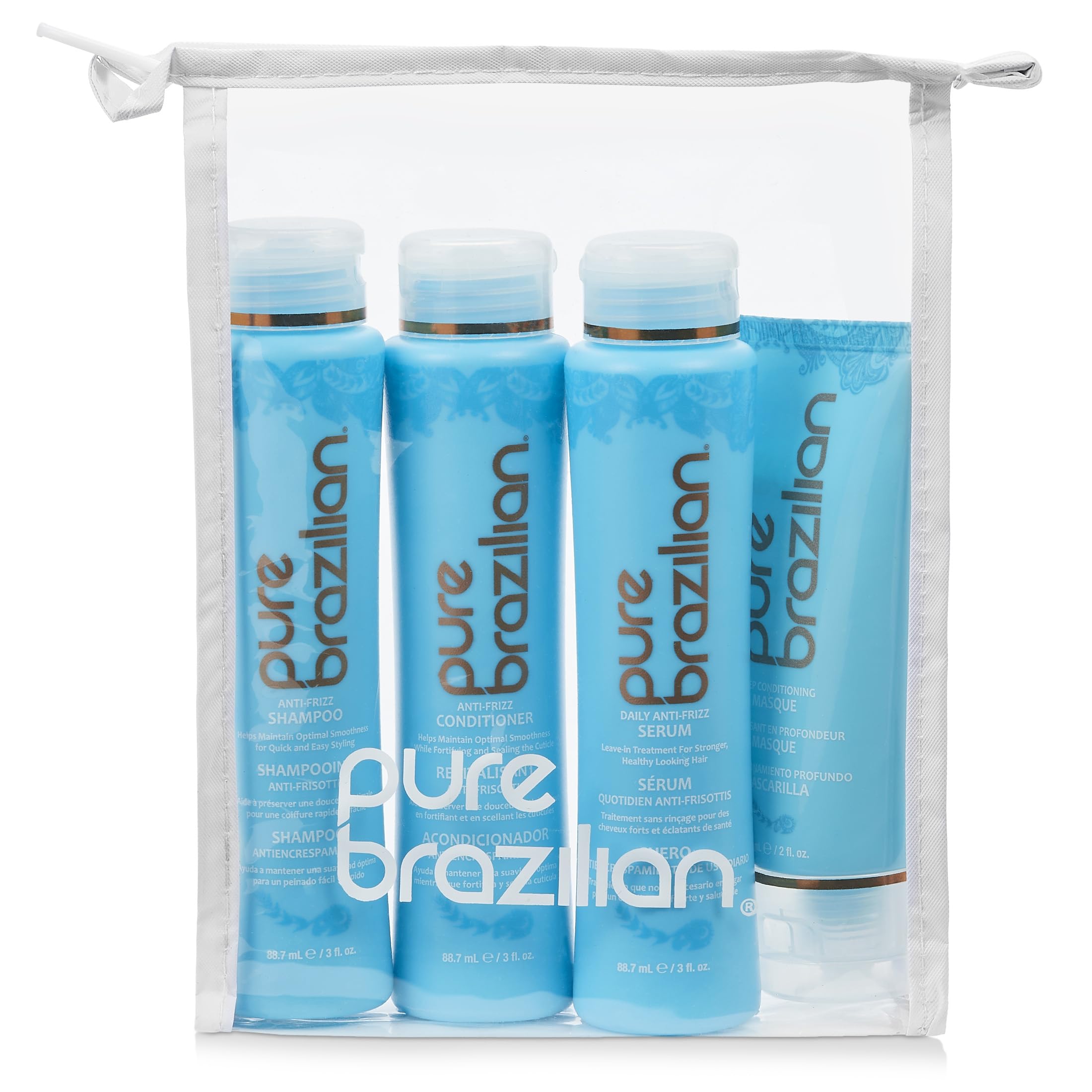 Pure Brazilian front packaging showing four travel-size bottles and kit benefits