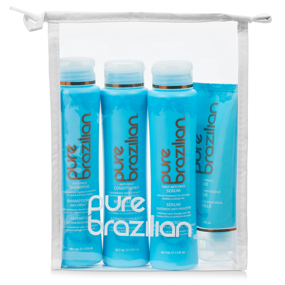 Pure Brazilian front packaging showing four travel-size bottles and kit benefits