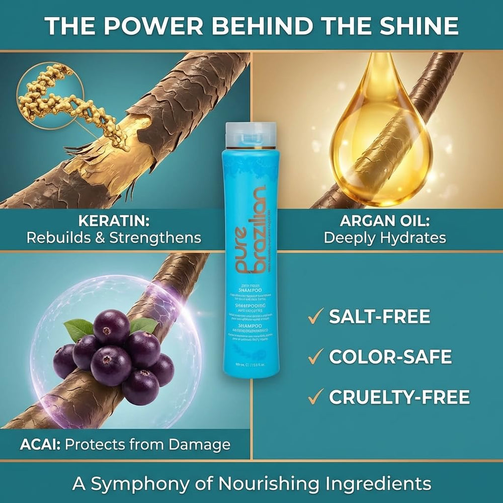 Pure Brazilian shampoo in hand while dispensing to show easy application benefit
