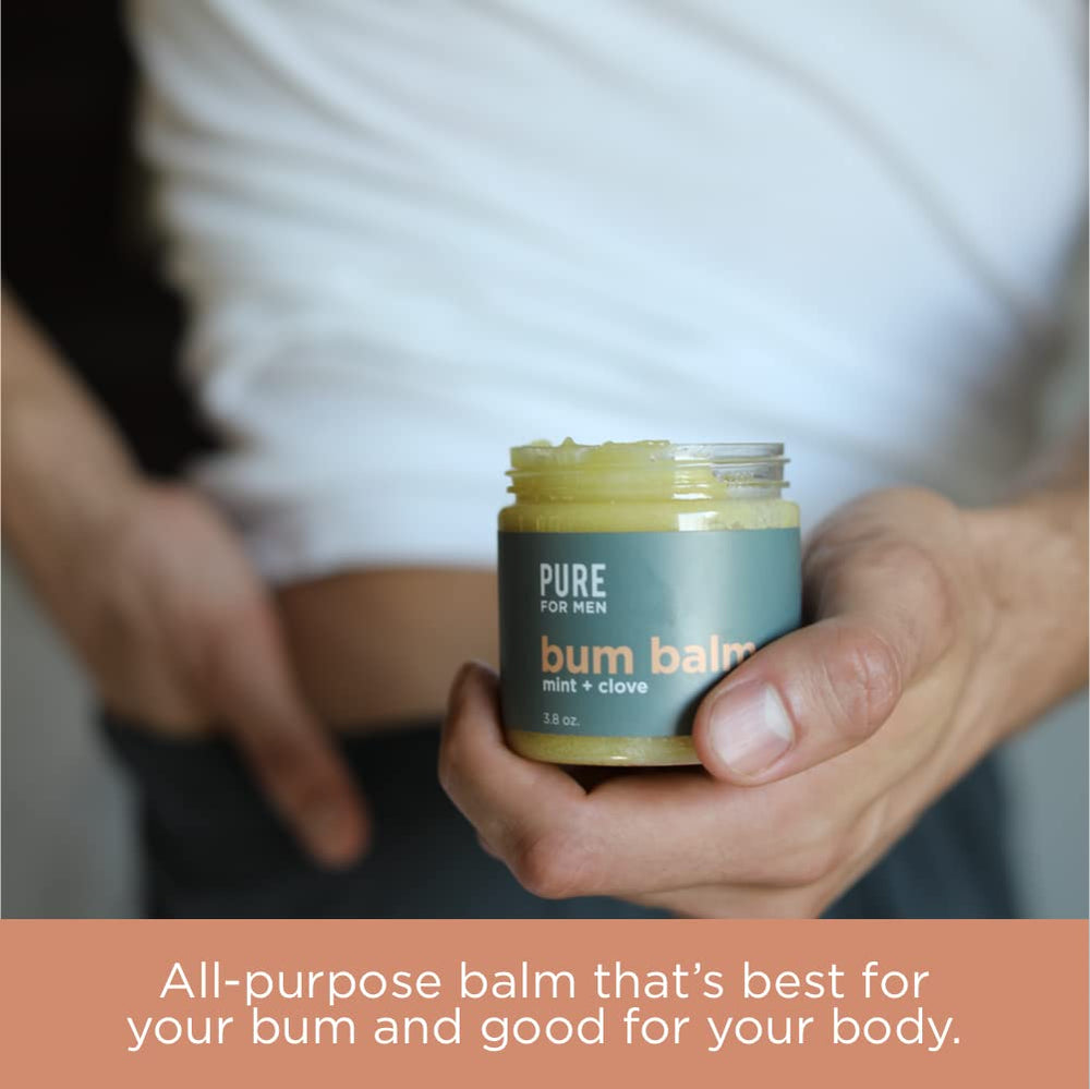 Pure for Men balm on bathroom shelf suggesting everyday grooming routine benefit