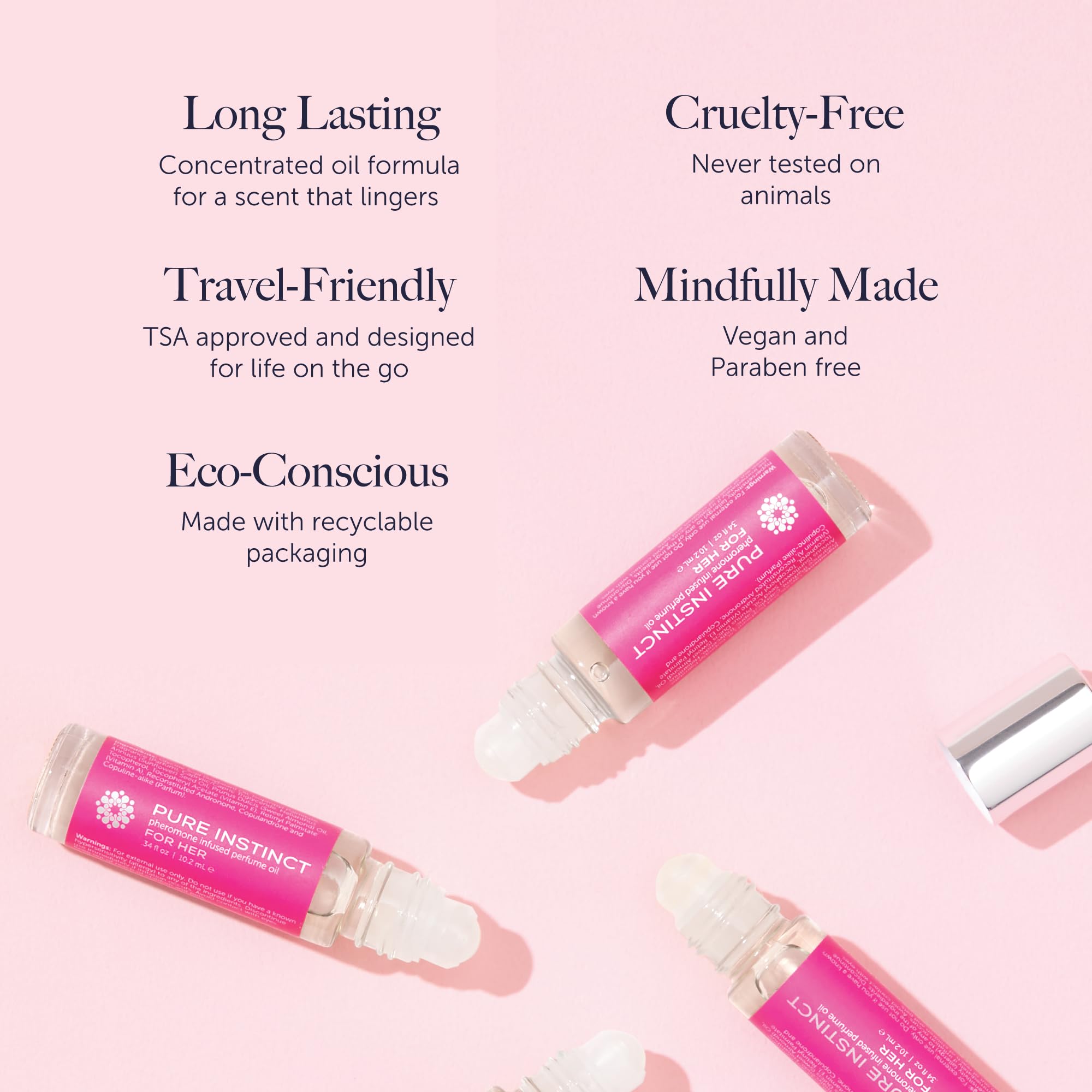Pure Instinct size comparison in hand showing portable 10.2 ml bottle