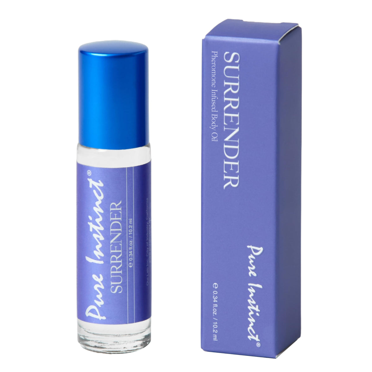 Pure Instinct SURRENDER roll-on front label showing compact bottle and brand