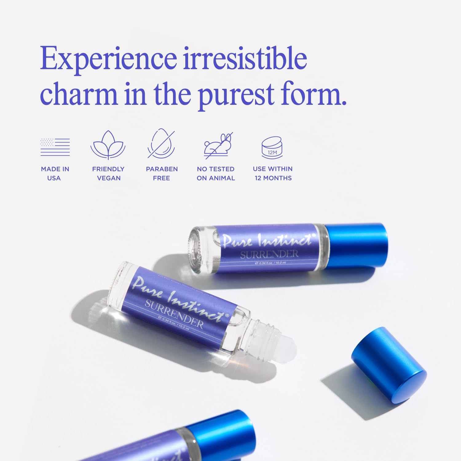 Pure Instinct SURRENDER in travel flatlay showing TSA-ready convenience