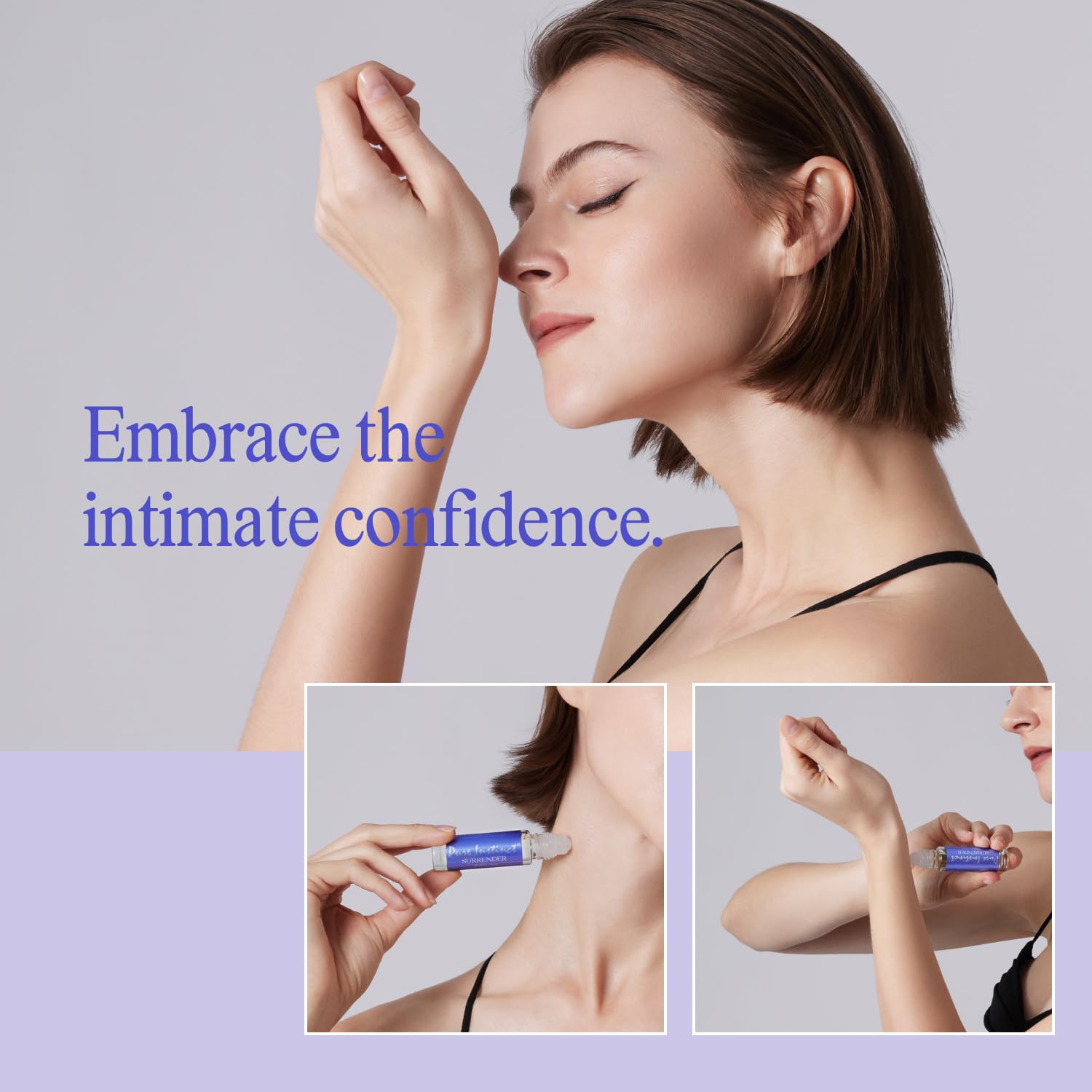 Pure Instinct SURRENDER beside bath accessories demonstrating relaxing, aromatic use