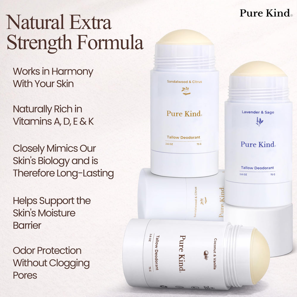 Pure Kind ingredients flatlay with tallow and oils highlighting natural sourcing