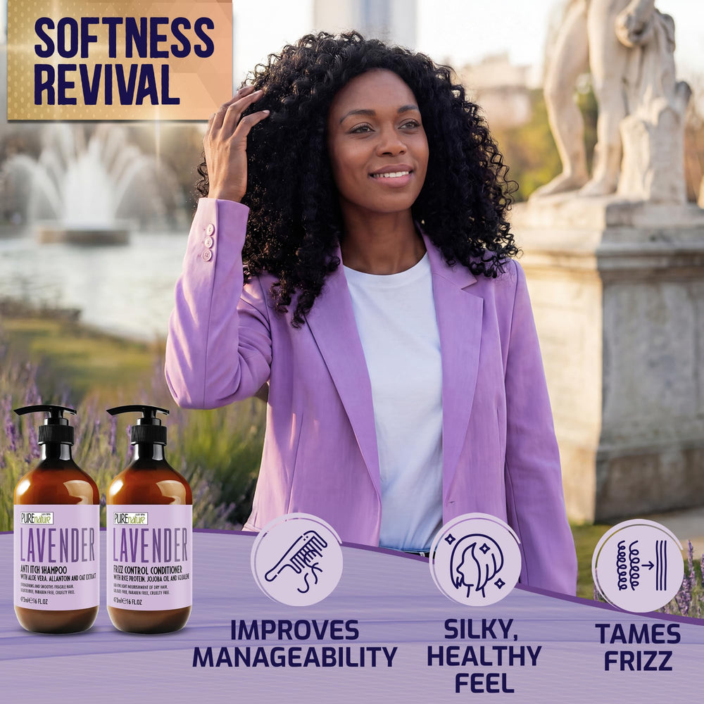 PURE NATURE LUX SPA bottles styled with lavender sprig for calming scent