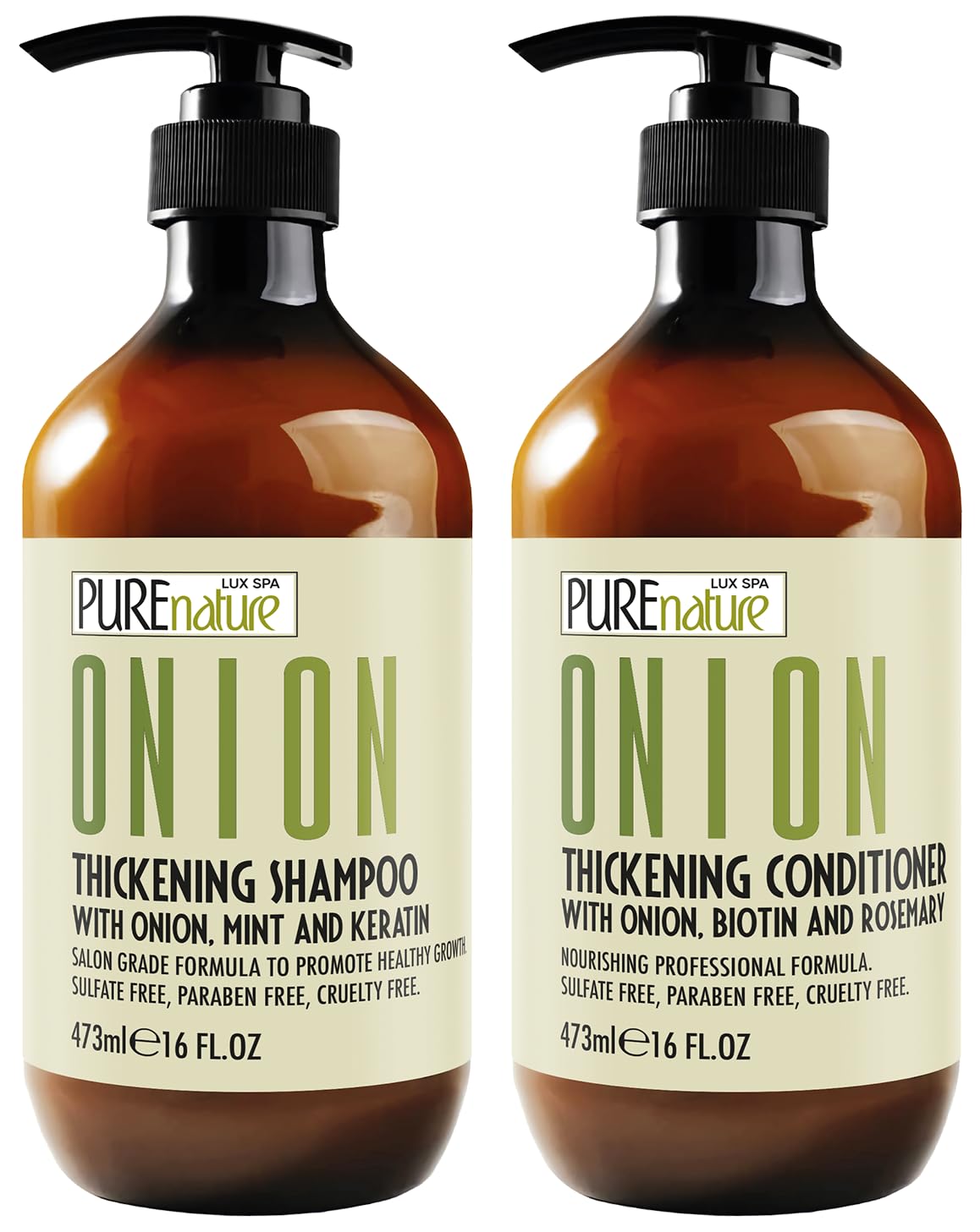 PURE NATURE LUX SPA front packaging showing volumizing onion duo benefits
