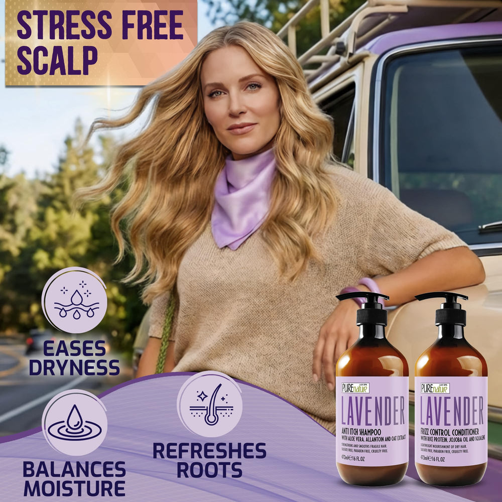 PURE NATURE LUX SPA bottles in hand showing travel-friendly 16 oz size
