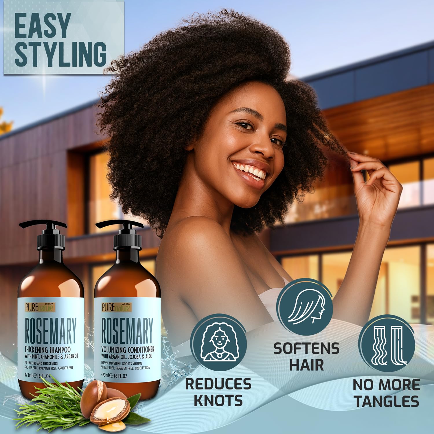 PURE NATURE LUX SPA displayed on bathroom shelf, lifestyle image conveying daily salon results