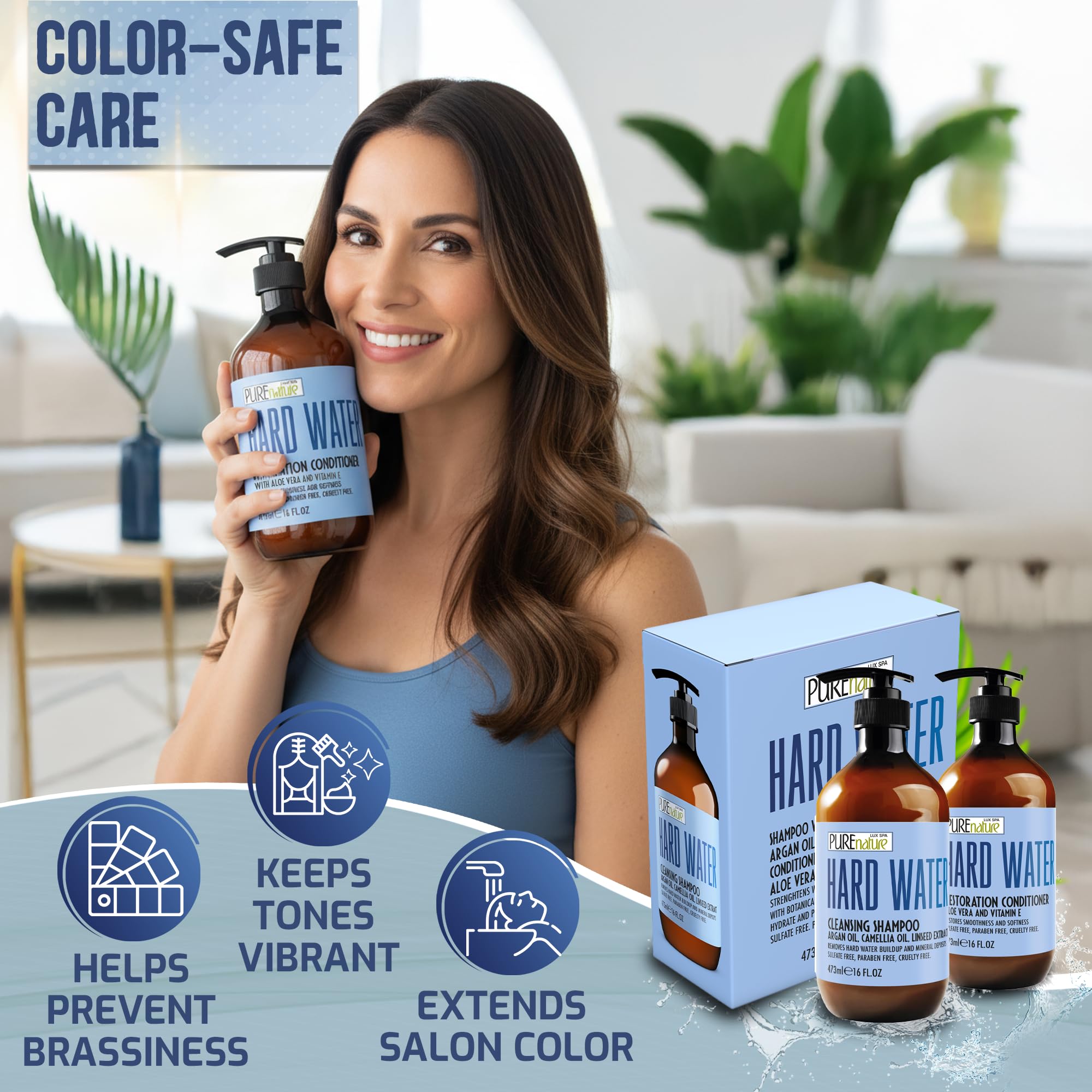 PURE NATURE LUX SPA bottles staged in bathroom conveying daily use convenience