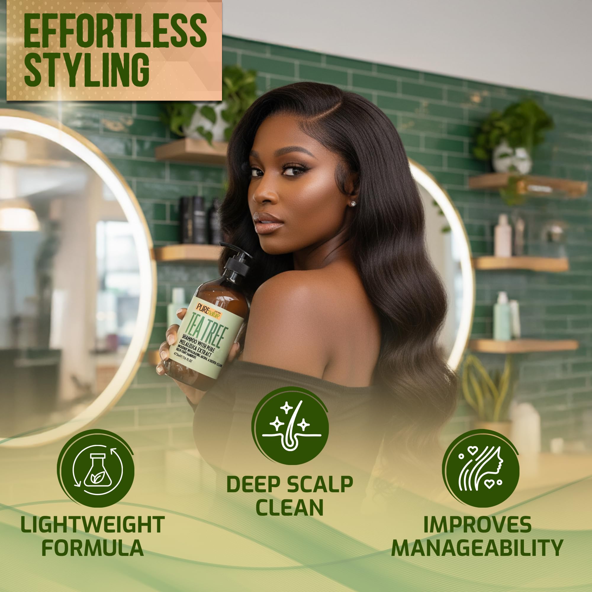 PURE NATURE LUX SPA shampoo on bathroom shelf for at-home salon benefit