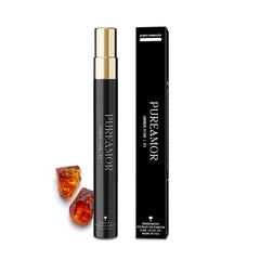 PUREAMOR front bottle shot showing elegant amber-black design and portability